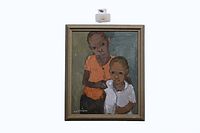 Front view of framed oil portrait showing subjects and overall condition