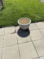 Planter standing upright on patio for size context