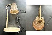 Candle warmer lamp showing metal arm, ribbed glass shade, wood base and inline control