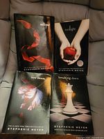 All four Twilight Saga novels laid out showing front dust jackets