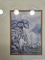 Close view of artwork showing goats and Indigenous motif