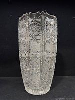 Full view of the clear cut glass vase showing overall shape, height and pattern
