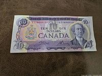 Front of 1971 Canadian $10 note showing portrait, serial ETY8949157