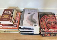 Two stacks of assorted pottery and art books showing titles such as Great Ideas for Potters, Coiled Pottery and Masks of the Northwest Coast