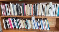 Full bookshelf view showing two packed shelves of paperback books