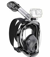 Stock image showing full face snorkel mask with snorkel tube, fan unit and camera mount
