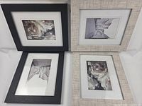 Front view showing two black and two beige frames with sample images
