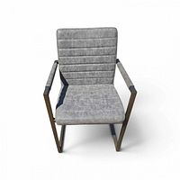 Front view showing grey channel-tufted upholstery and metal cantilever frame