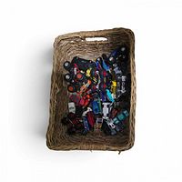 Wicker basket top view showing full assortment of cars