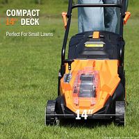 Marketing image showing assembled 14-inch Garcare mower on lawn
