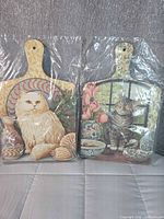 Front view of both boards showing cat and floral artwork in packaging
