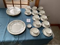Full set showing cups, saucers, dinner plates, single condiment dish