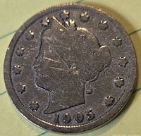 Obverse showing 1905 date, Liberty head and stars