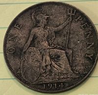 Reverse showing seated Britannia, legend ONE PENNY, date 1914
