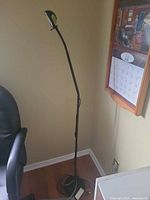 Full view of black gooseneck floor lamp showing pole, base, head and cord