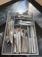 Drawer tray with assorted Splendide stainless steel cutlery showing quantity and two handle designs