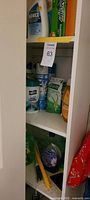 Overall view of three shelves showing multiple cleaning and personal care items