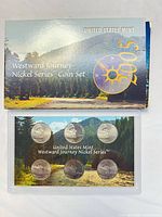 Front view of 2005 Westward Journey Nickel Series coin set with outer sleeve and blister card showing six coins