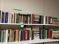 Two shelves densely filled with assorted academic books