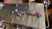 Overview of toolbox and lined screwdrivers