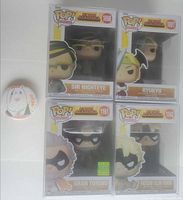 Front view of four Funko Pop figures in protectors with Nezu pin