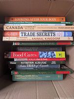 Boxed stack of books showing spines to confirm quantity and titles