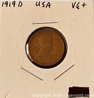 Obverse of 1919-D Lincoln Cent in cardboard flip showing date, mint mark and seller grade notation