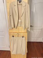 Full view of blazer on hanger and skirt beneath