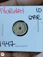 Obverse of 1947 Norway 10 øre coin in 2×2 holder