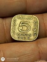 Reverse showing CEYLON, 5 CENTS, 1910