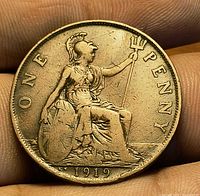 Reverse of coin showing Britannia, date 1919 and K N mint mark
