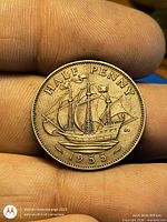 Reverse view showing HALFPENNY, sailing ship design, date 1955