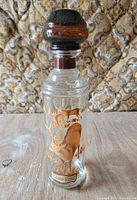 Full view of glass decanter with stopper and graphics