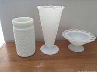 All three milk glass pieces together on table