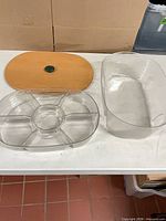 All three pieces: clear plastic lower tub, divided tray, wooden lid