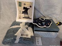 Overview showing blanket, art print, soft cone collar and cat-pattern box