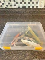 Closed translucent tackle case showing lures inside