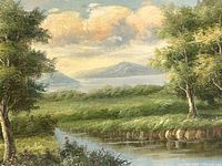 full painting showing landscape scene with trees, stream, mountains, sky