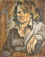 Full view of oil portrait on canvas showing seated woman, textured brushwork