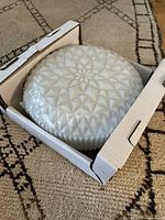 Light fixture in original box showing shade wrapped in bubble wrap