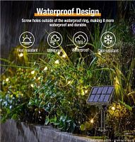 Marketing image showing solar string lights in use outdoors highlighting waterproof design