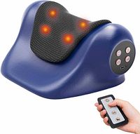 Marketing image of blue Stebeauty massager pillow with glowing heat nodes and remote