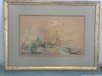 Full view of framed watercolor landscape