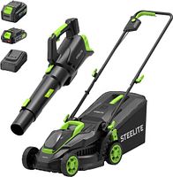 Stock-style image showing Steelite cordless 13-inch lawn mower, leaf blower, two batteries and charger
