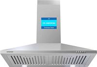 Front view of stainless steel AURAKICH range hood with LED lights and control buttons