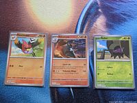 All three Pokémon cards in sleeves—Fletchinder, Volcarona, Rellor—front view