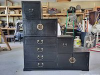 front view showing all drawers, doors, and hardware
