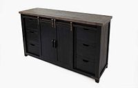 Full view of sideboard showing drawers, center doors, dark top