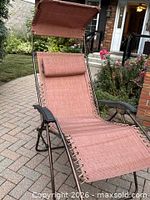 Full view of chair showing frame, fabric, canopy