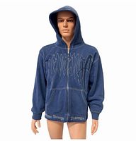 Front view of blue Revenge hoodie on mannequin, hood up, showing full embroidery and zipper